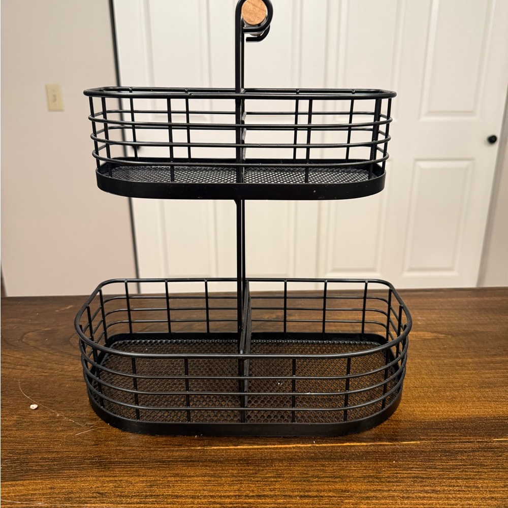 Black Metal 2 Tier Basket Organizer with Wood Handle